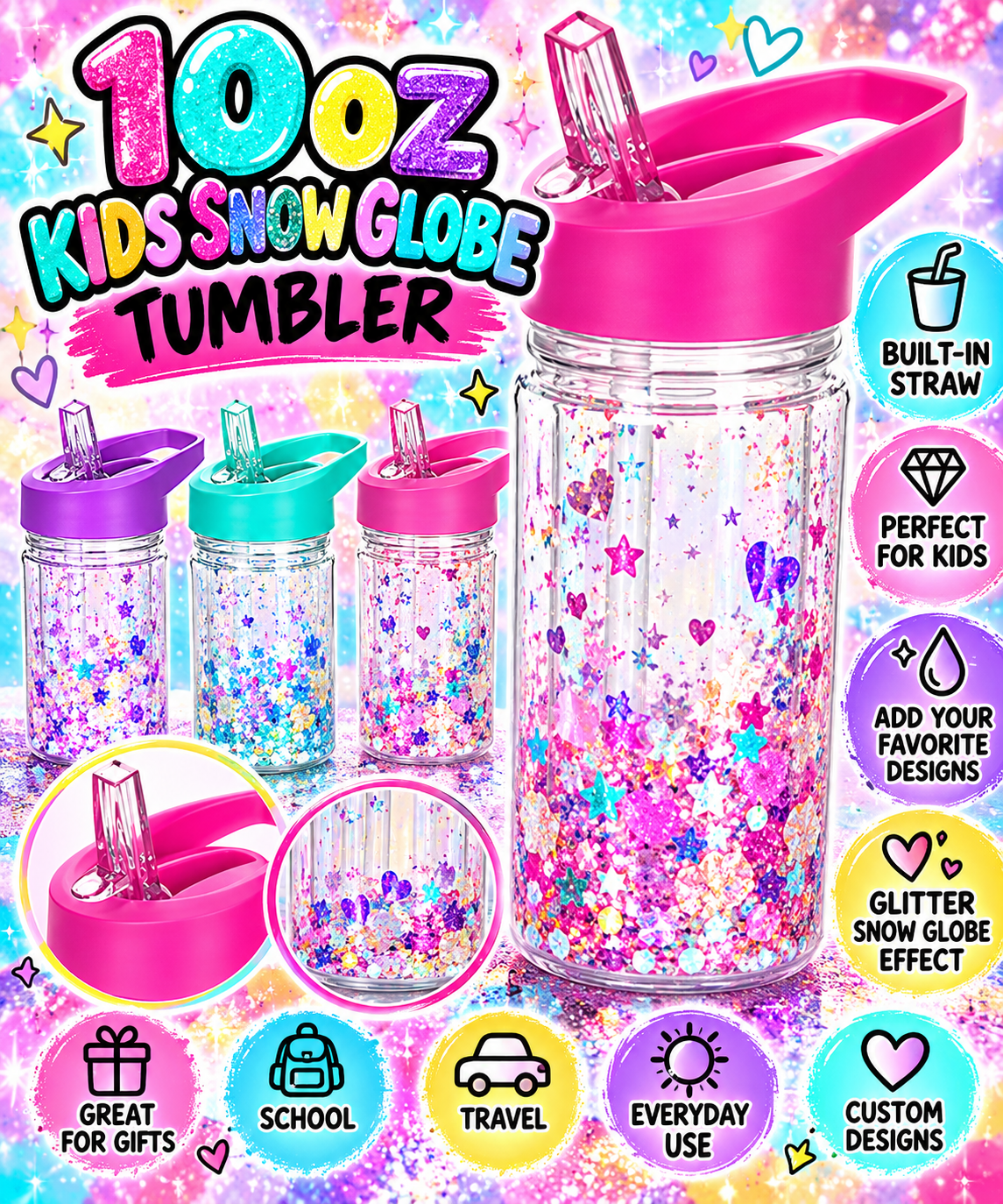 10 oz Kids Snow Globe w/ built in straw